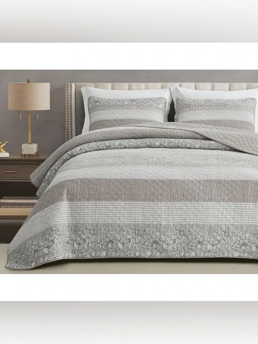 Neutral Gray cal king 100% cotton Quilt Set - Elegant Striped & Floral Bedding